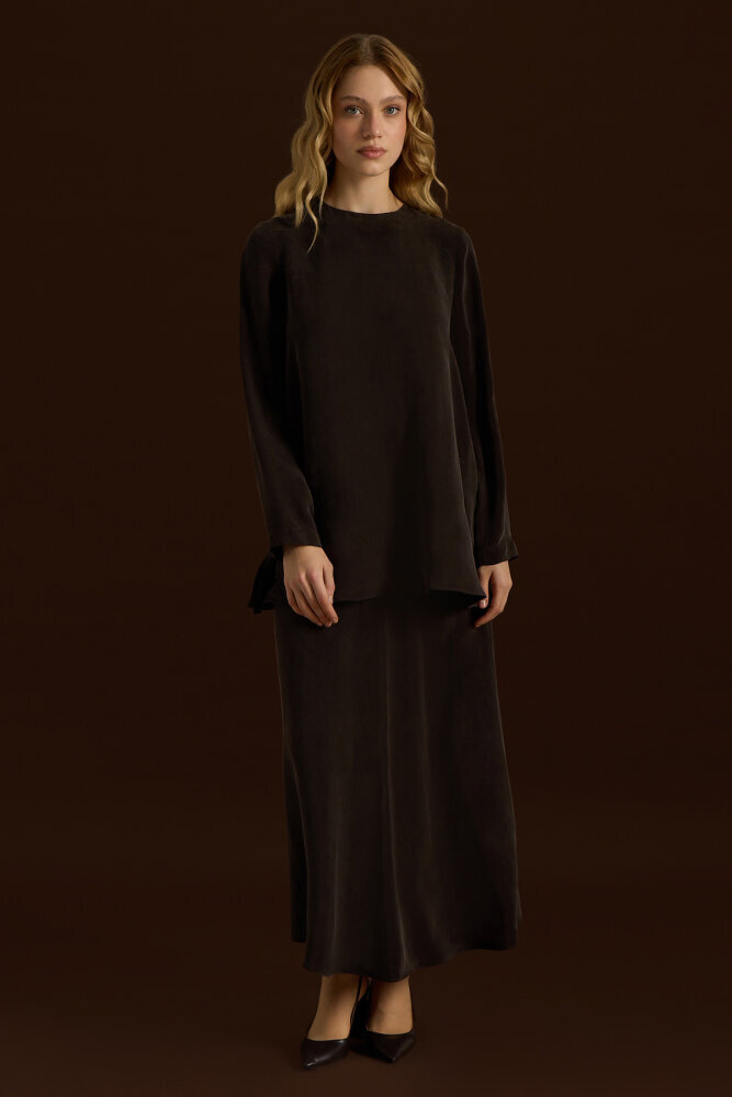 Miss Dalida Düz Renk Cupro Etek Cacao - 3