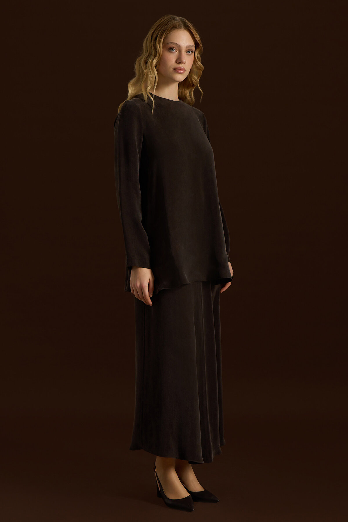 Miss Dalida Düz Renk Cupro Etek Cacao - 4