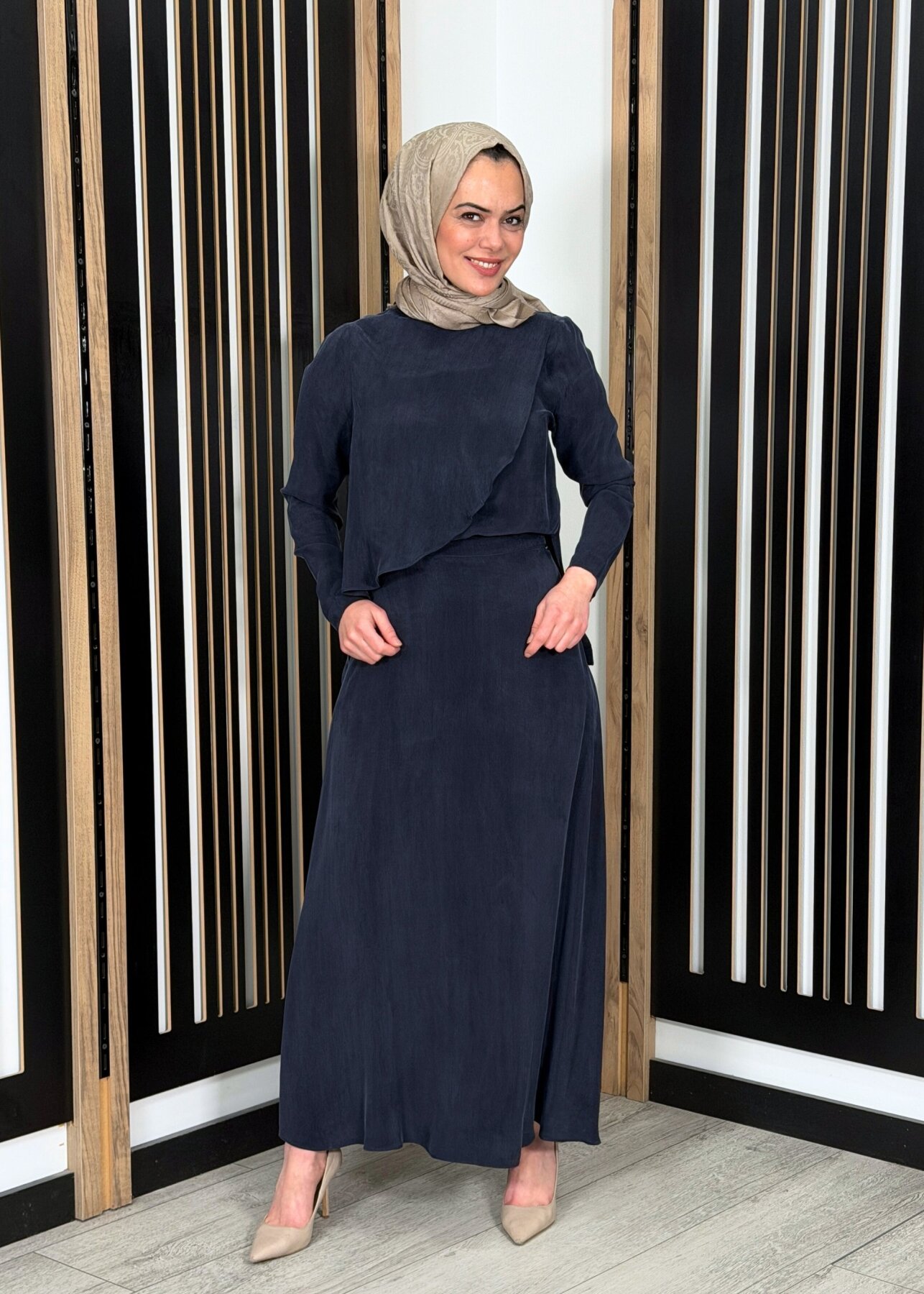 Miss Dalida Düz Renk Cupro Etek Dark Navy - 3