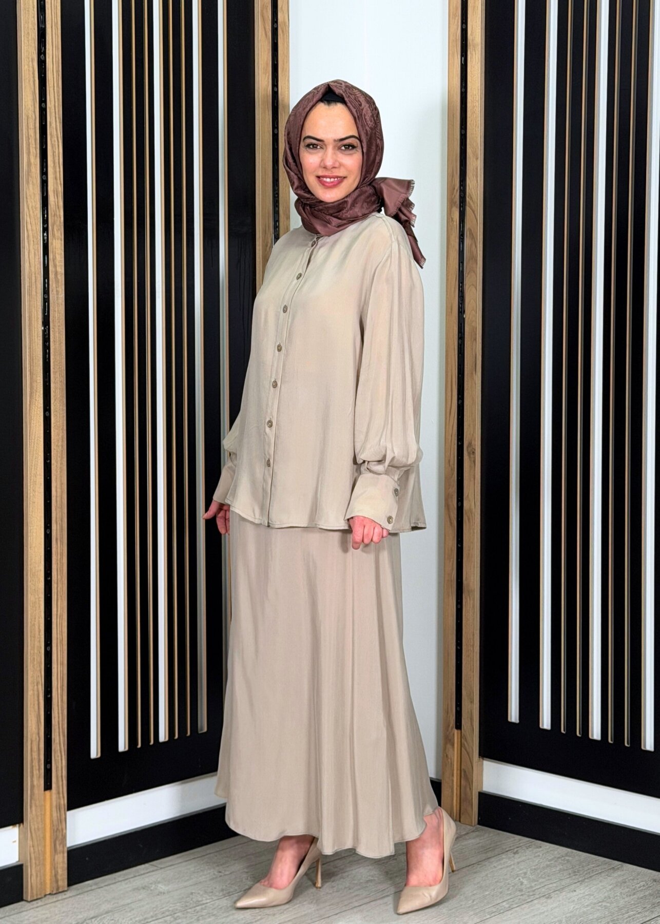 Miss Dalida Düz Renk Cupro Etek Stone - 1