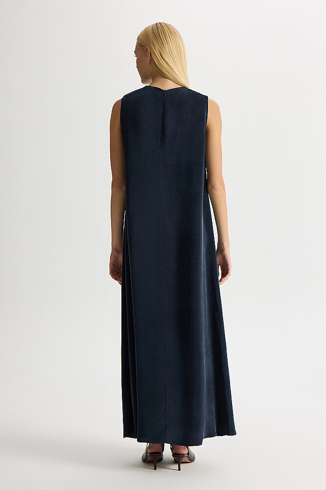 Miss Dalida Düz Renk Kolsuz Cupro Elbise Dark Navy - 3