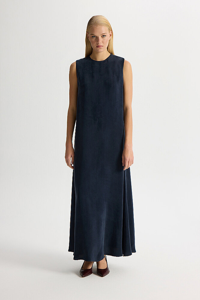 Miss Dalida Düz Renk Kolsuz Cupro Elbise Dark Navy