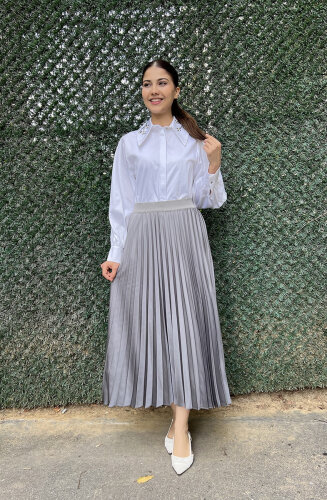 Miss Dalida Düz Renk Plise Etek ANTRASİT - 3