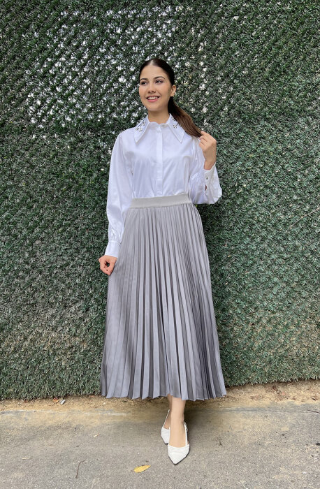 Miss Dalida Düz Renk Plise Etek ANTRASİT - 3