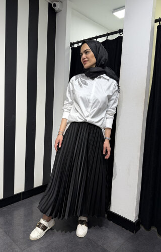 Miss Dalida Düz Renk Plise Etek BLACK - 8