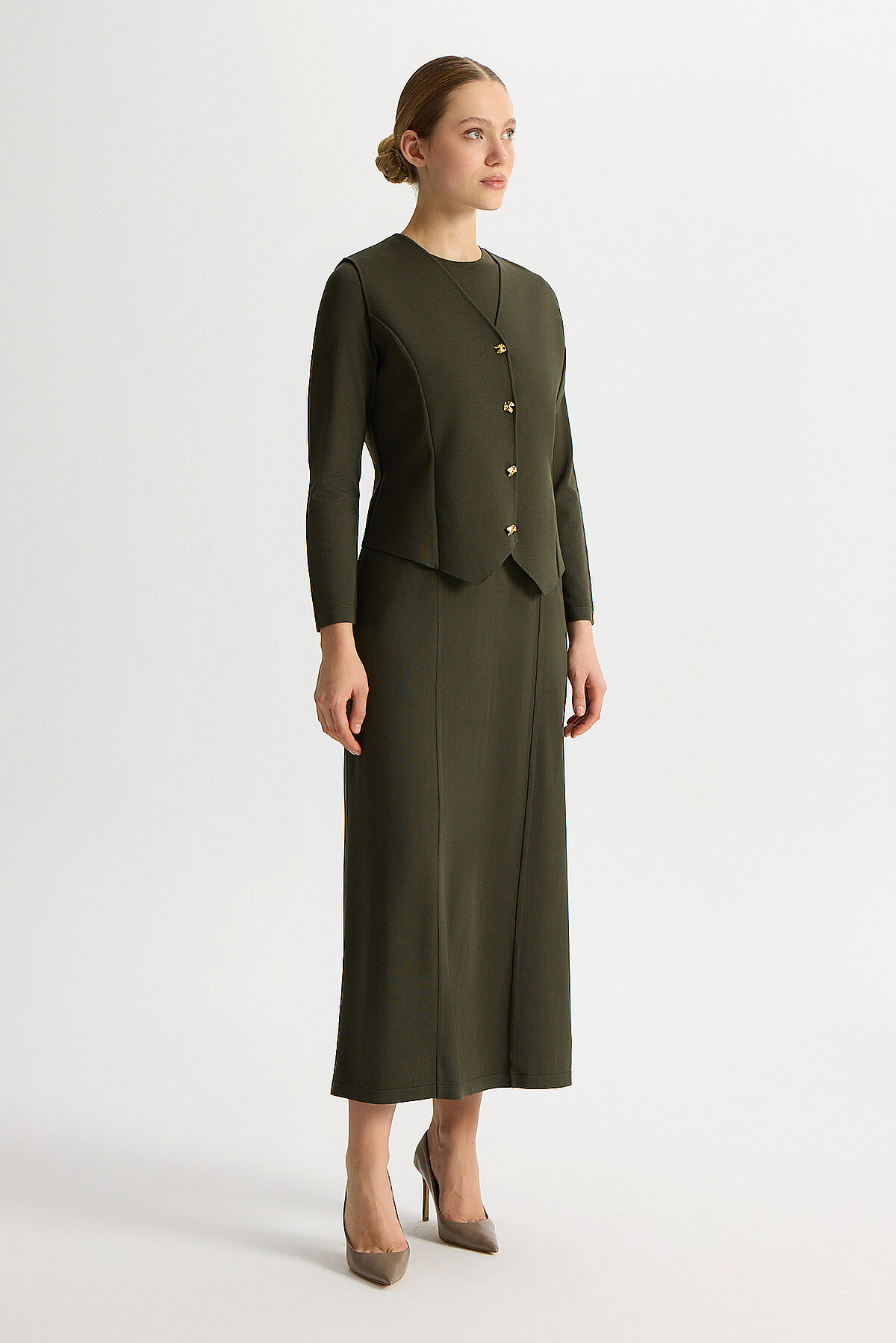 Miss Dalida Düz Renk Rahat Kalıp Elbise KHAKİ - 3