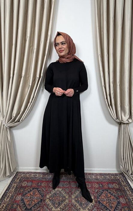 Miss Dalida Düz Renk Rahat Kesim Triko Elbise SİYAH - 2