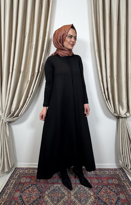 Miss Dalida Düz Renk Rahat Kesim Triko Elbise SİYAH - 1