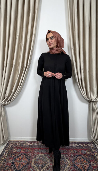 Miss Dalida Düz Renk Rahat Kesim Triko Elbise SİYAH - 3