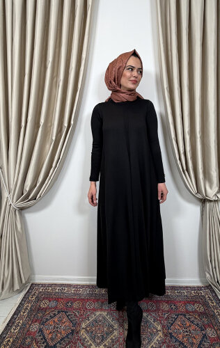 Miss Dalida Düz Renk Rahat Kesim Triko Elbise SİYAH - 5