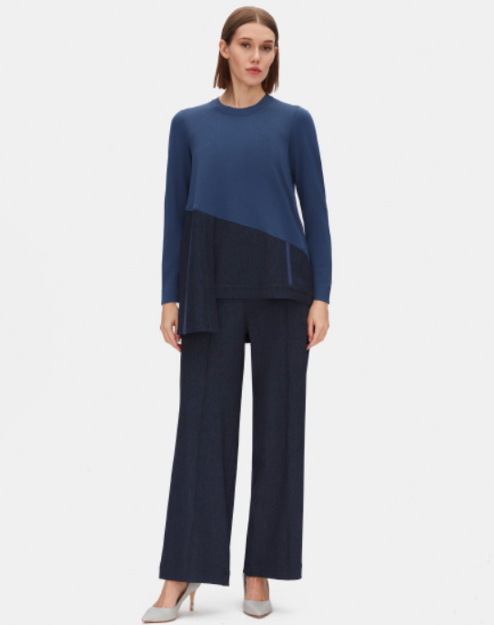 Miss Dalida Düz Renk Triko Denim Detaylı Tunik İNDİGO - 1