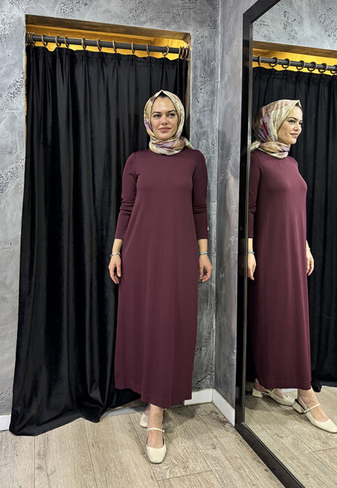Miss Dalida Düz Renk Triko Elbise BORDO - 2