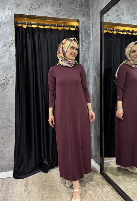 Miss Dalida Düz Renk Triko Elbise BORDO - 3