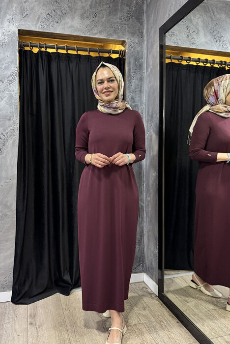 Miss Dalida Düz Renk Triko Elbise BORDO - 4