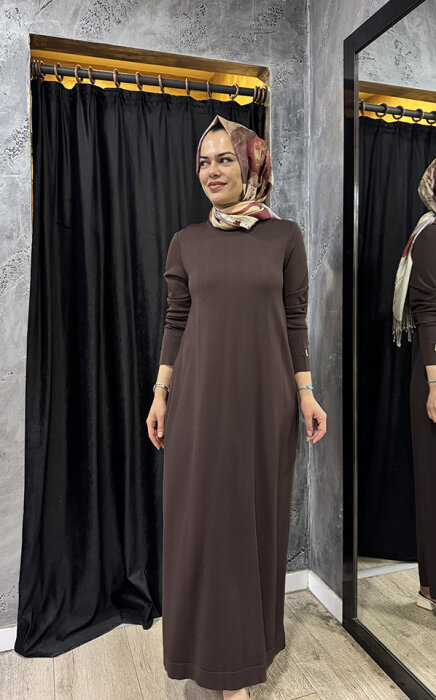 Miss Dalida Düz Renk Triko Elbise Cacao - 1