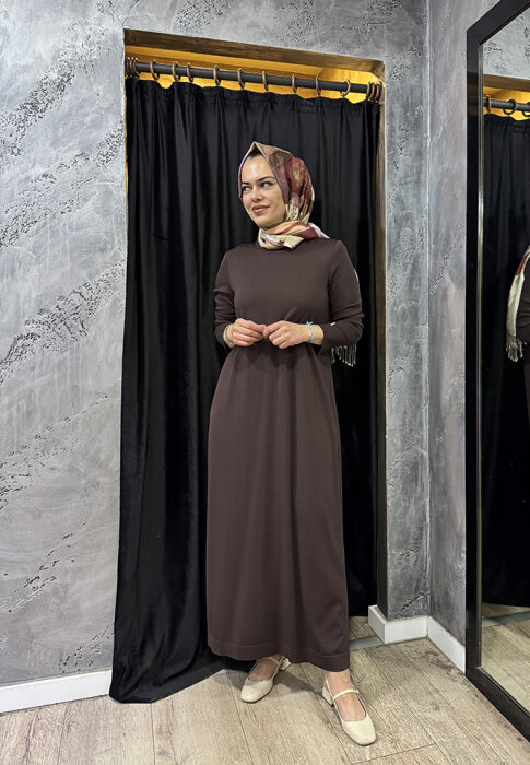 Miss Dalida Düz Renk Triko Elbise Cacao - 2