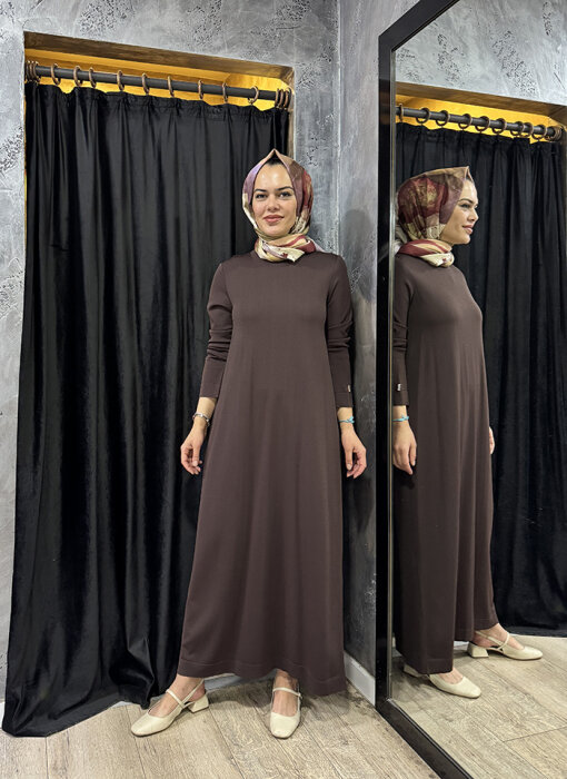 Miss Dalida Düz Renk Triko Elbise Cacao - 3