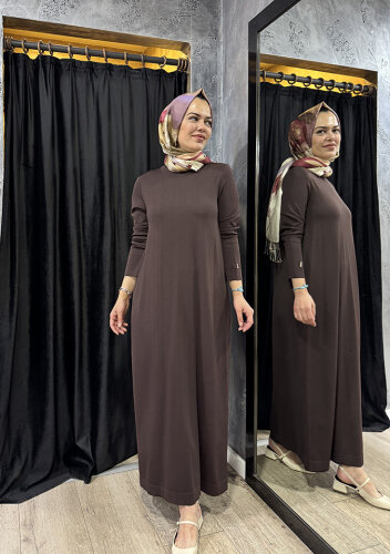 Miss Dalida Düz Renk Triko Elbise Cacao - 4