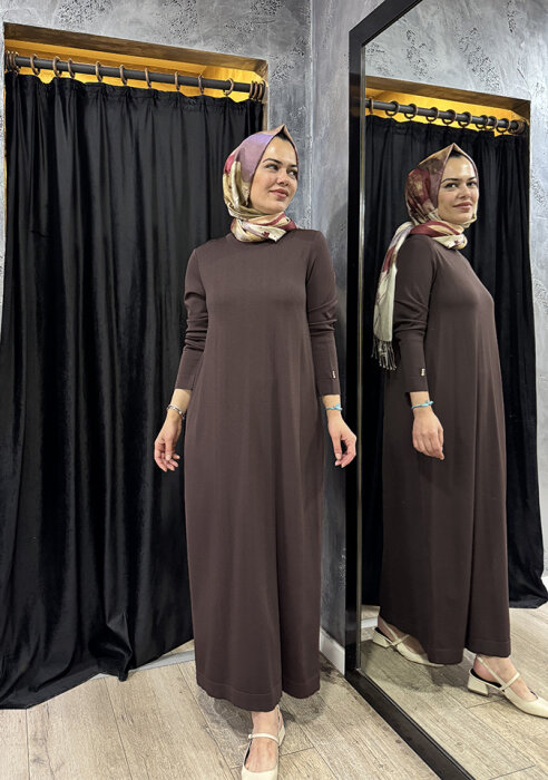 Miss Dalida Düz Renk Triko Elbise Cacao - 4