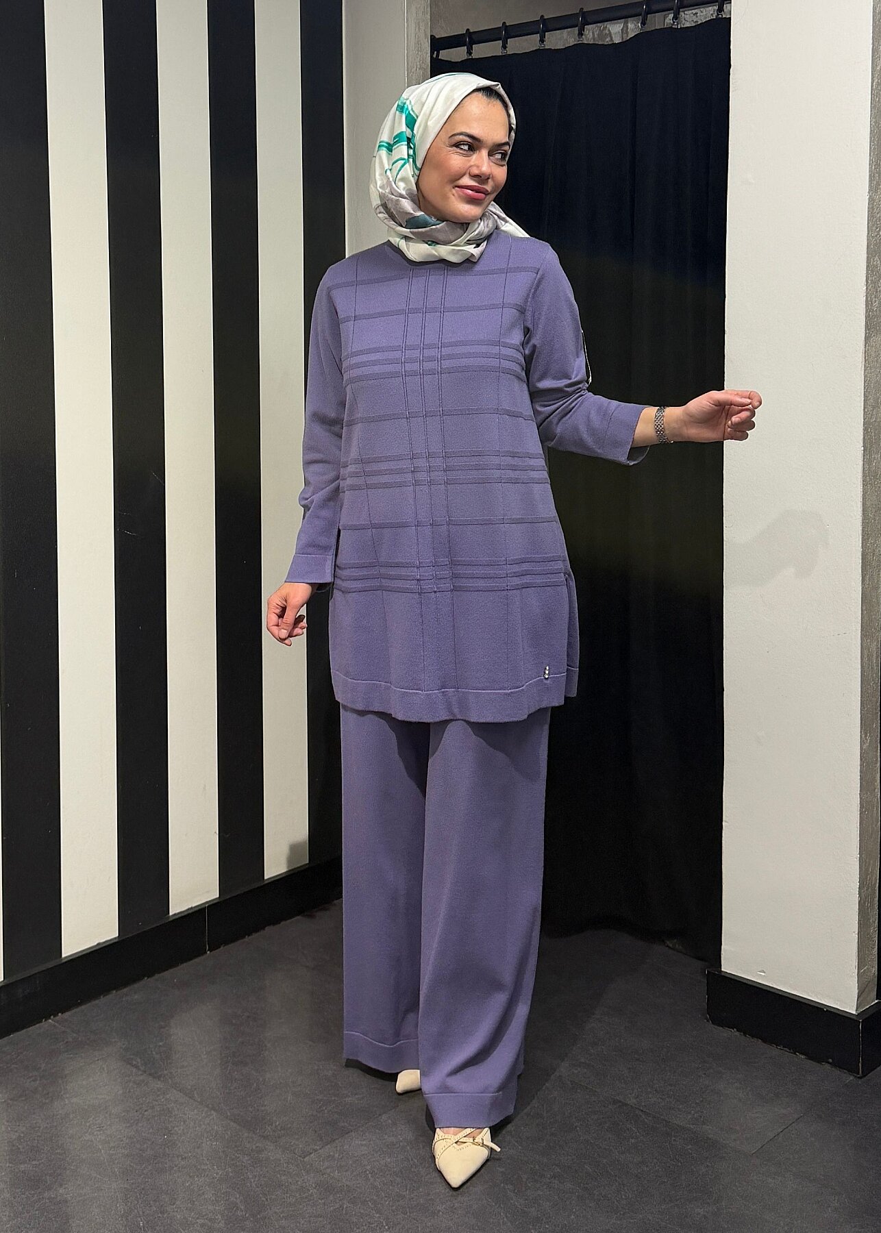 Miss Dalida Ekose Desenli Triko Tunik LİLA - 1