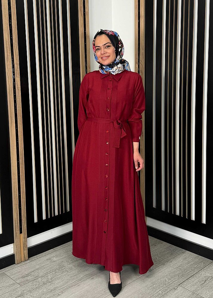 Miss Dalida Erkek Yaka İpek Keten Uzun Elbise Cherry