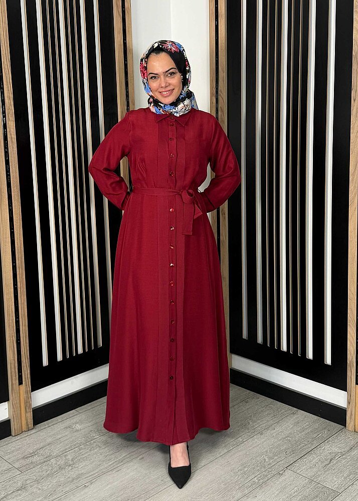 Miss Dalida Erkek Yaka İpek Keten Uzun Elbise Cherry - 2