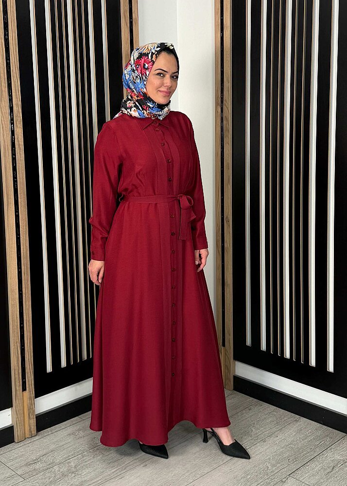 Miss Dalida Erkek Yaka İpek Keten Uzun Elbise Cherry - 3