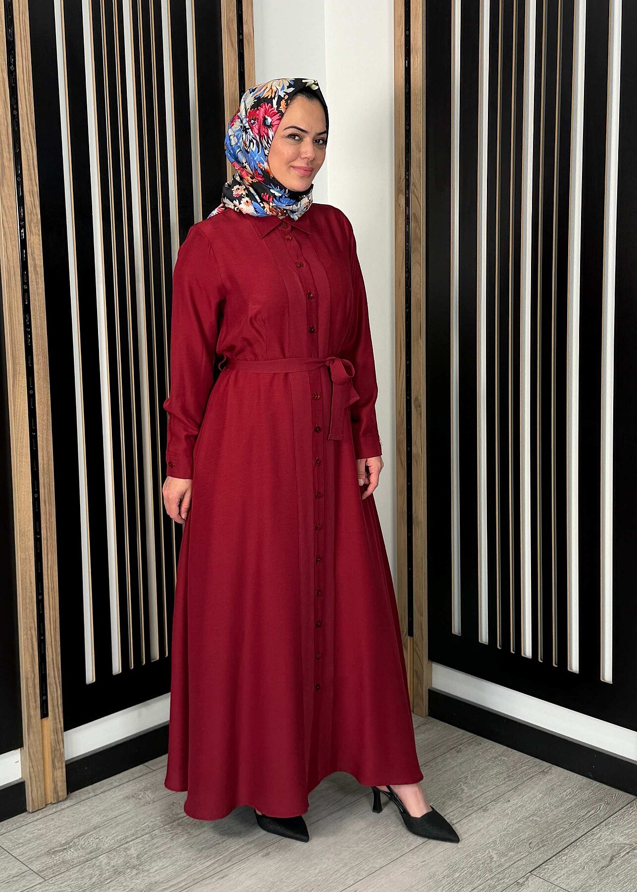 Miss Dalida Erkek Yaka İpek Keten Uzun Elbise Cherry - 3