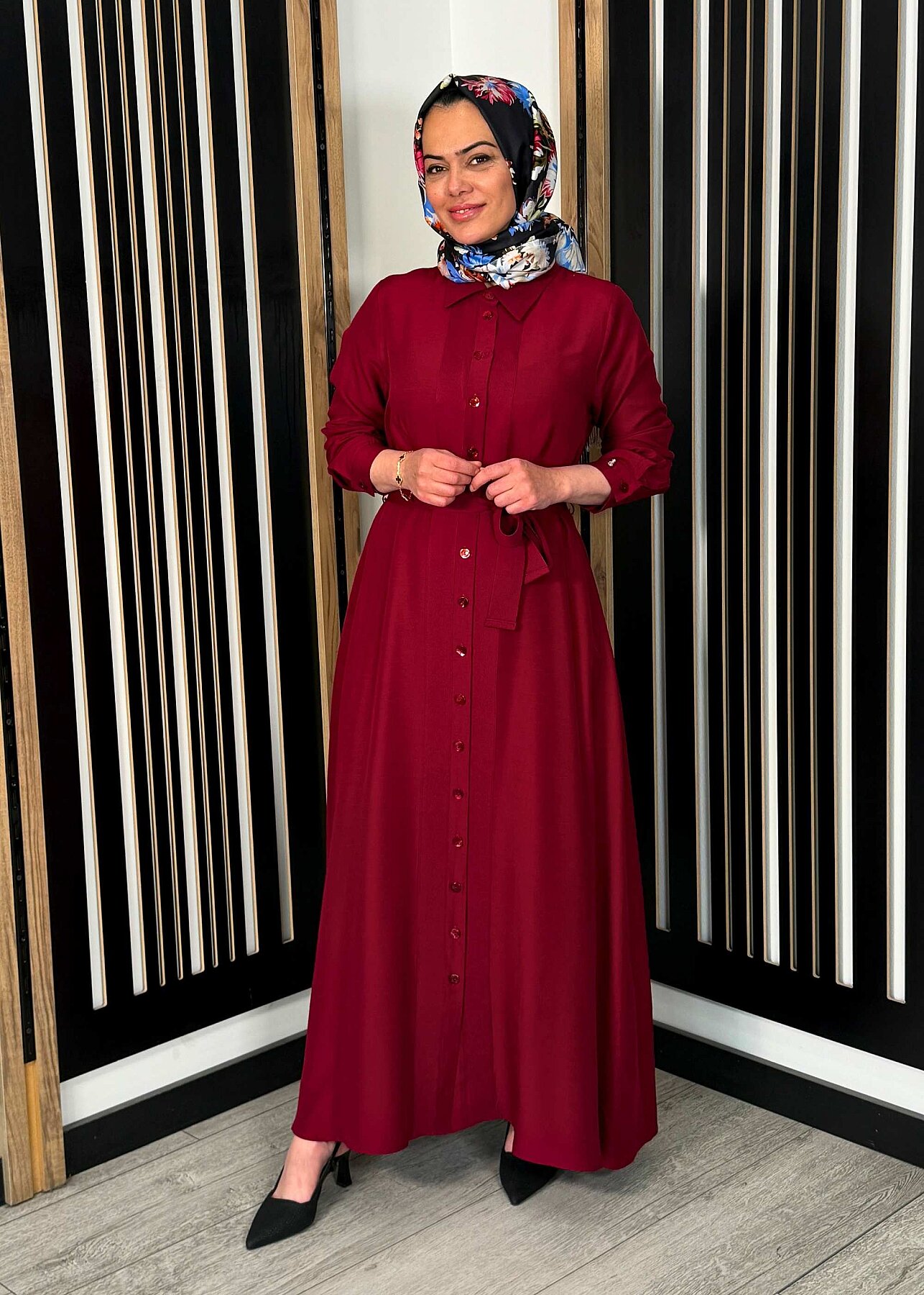 Miss Dalida Erkek Yaka İpek Keten Uzun Elbise Cherry - 4