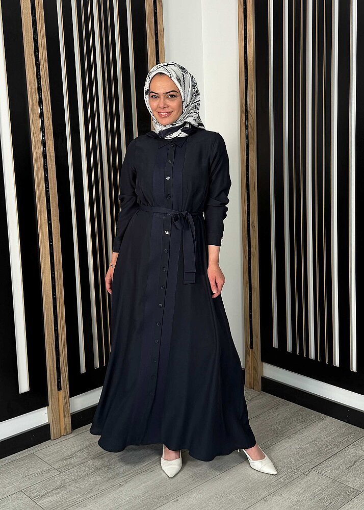 Miss Dalida Erkek Yaka İpek Keten Uzun Elbise Dark Navy