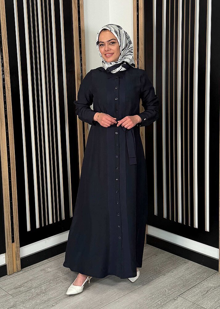 Miss Dalida Erkek Yaka İpek Keten Uzun Elbise Dark Navy - 2