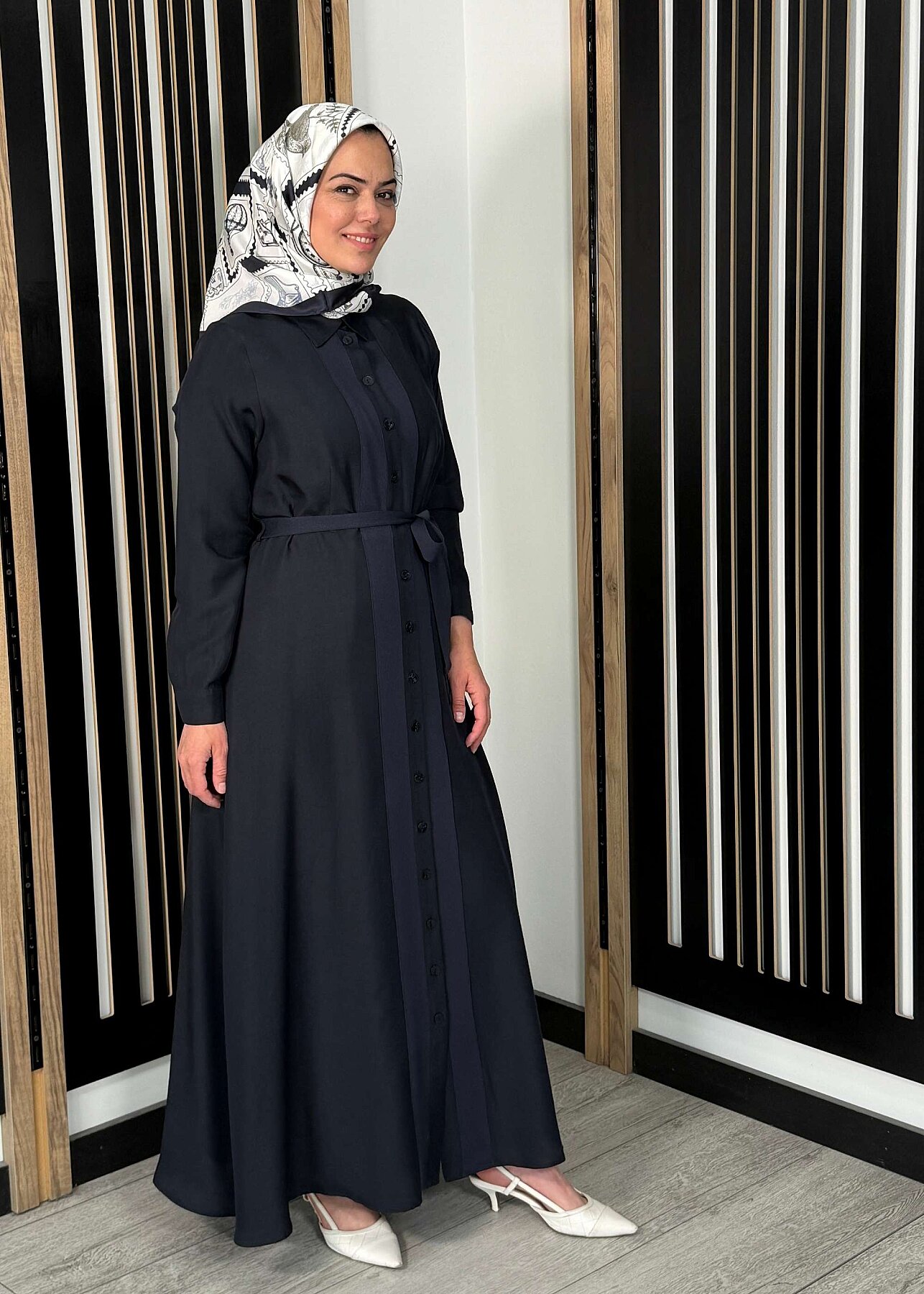 Miss Dalida Erkek Yaka İpek Keten Uzun Elbise Dark Navy - 3