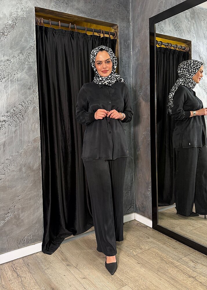 Miss Dalida Erkek Yaka Klasik Gömlek BLACK - 3