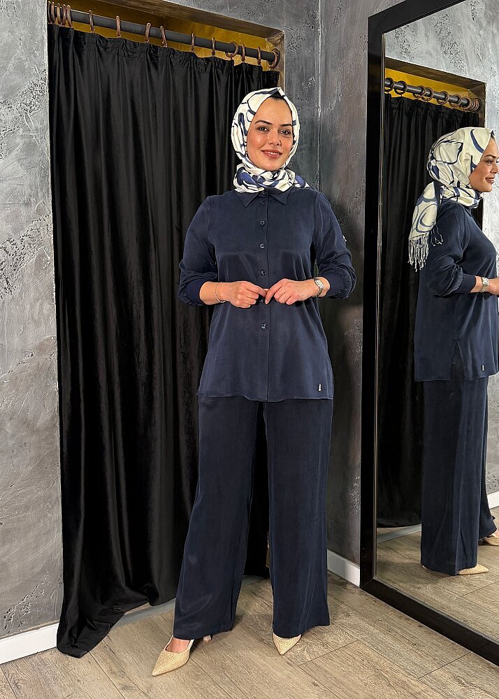 Miss Dalida Erkek Yaka Klasik Gömlek Navy - 2