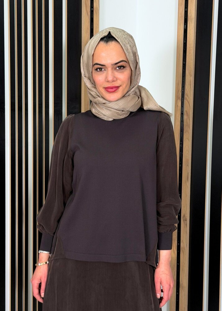 Miss Dalida Evaze Kesim Bileği Lastikli Tunik Cacao