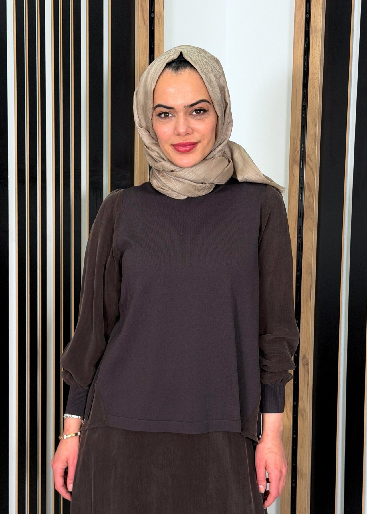 Miss Dalida Evaze Kesim Bileği Lastikli Tunik Cacao - 1