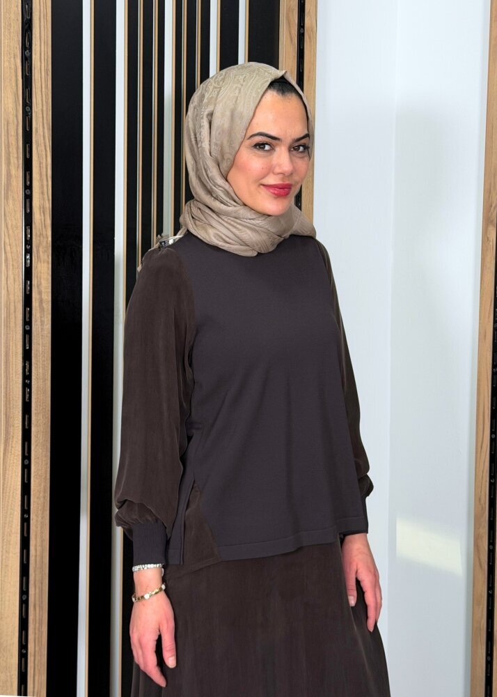 Miss Dalida Evaze Kesim Bileği Lastikli Tunik Cacao (1)