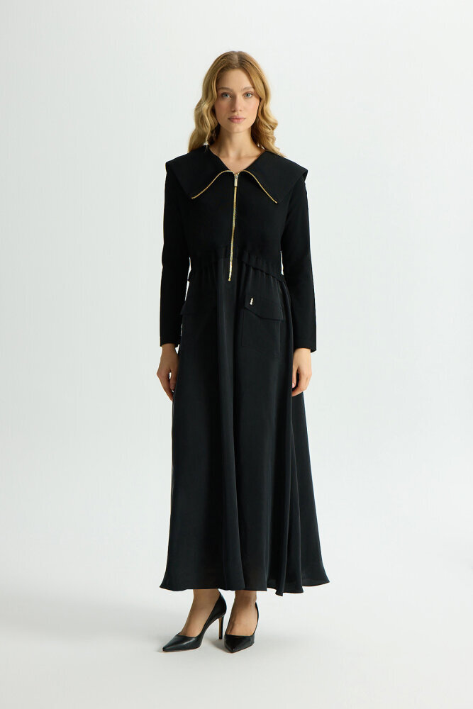 Miss Dalida Fermuar Detaylı Yüksek Yakalı Cupro Elbise BLACK