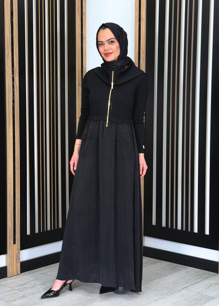 Miss Dalida Fermuar Detaylı Yüksek Yakalı Cupro Elbise BLACK