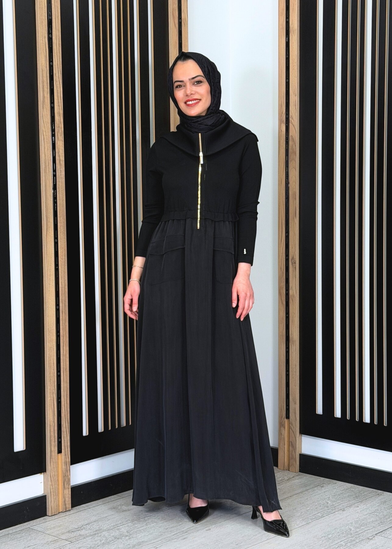 Miss Dalida Fermuar Detaylı Yüksek Yakalı Cupro Elbise BLACK - 2