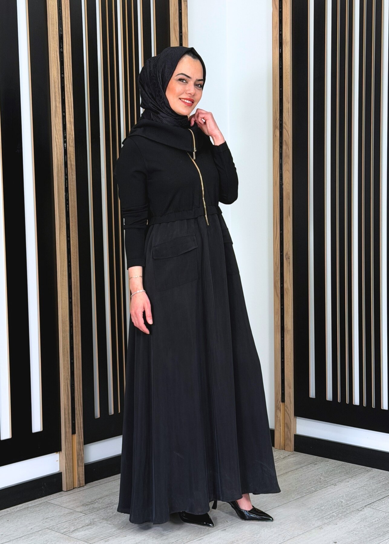 Miss Dalida Fermuar Detaylı Yüksek Yakalı Cupro Elbise BLACK - 3