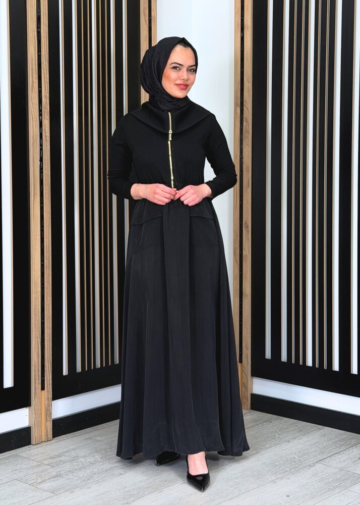 Miss Dalida Fermuar Detaylı Yüksek Yakalı Cupro Elbise BLACK - 4