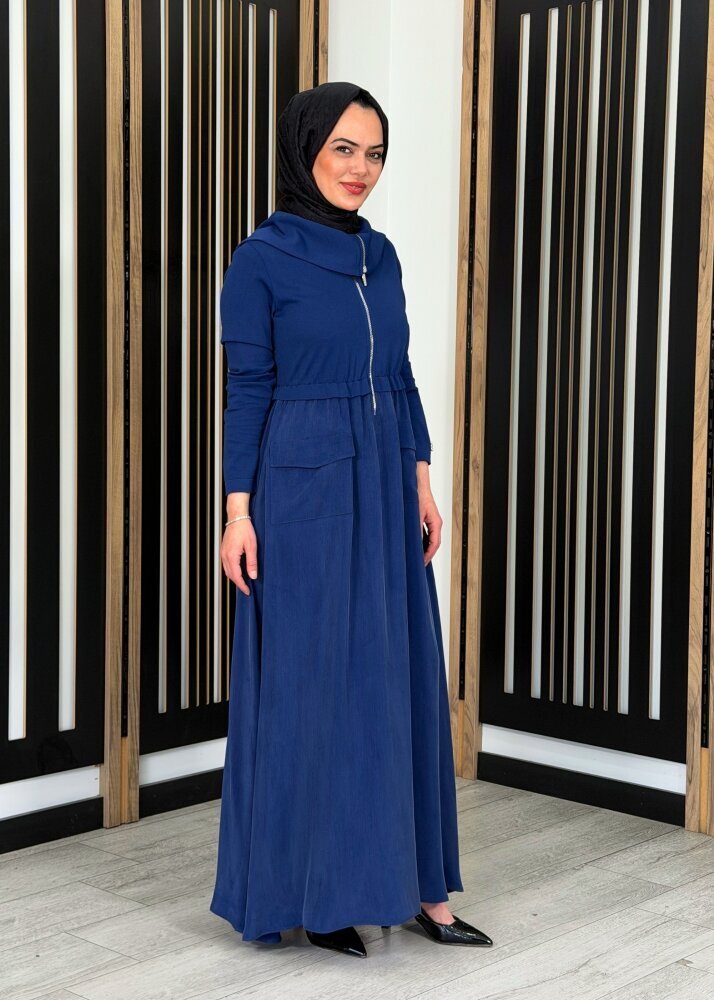 Miss Dalida Fermuar Detaylı Yüksek Yakalı Cupro Elbise Navy