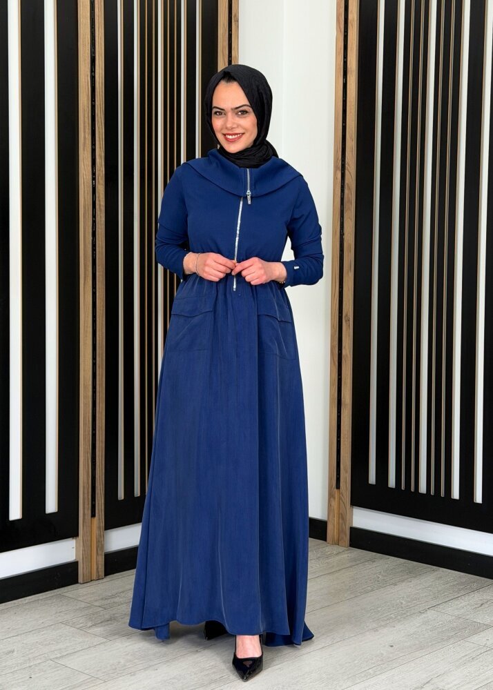 Miss Dalida Fermuar Detaylı Yüksek Yakalı Cupro Elbise Navy - 2