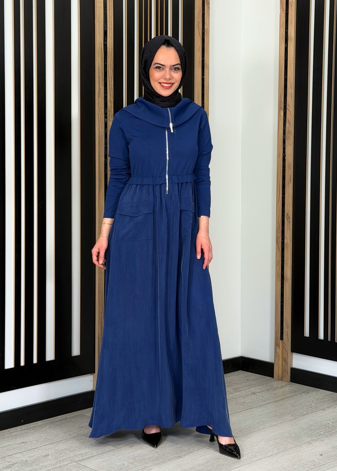 Miss Dalida Fermuar Detaylı Yüksek Yakalı Cupro Elbise Navy - 3