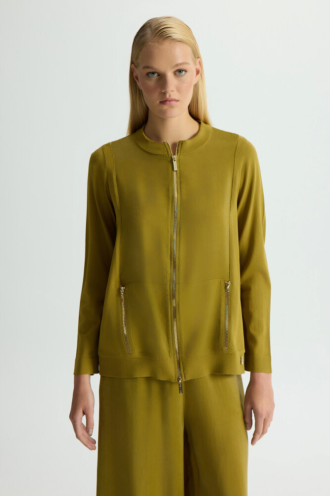 Miss Dalida Fermuarlı Cupro Detaylı Triko Ceket Amber