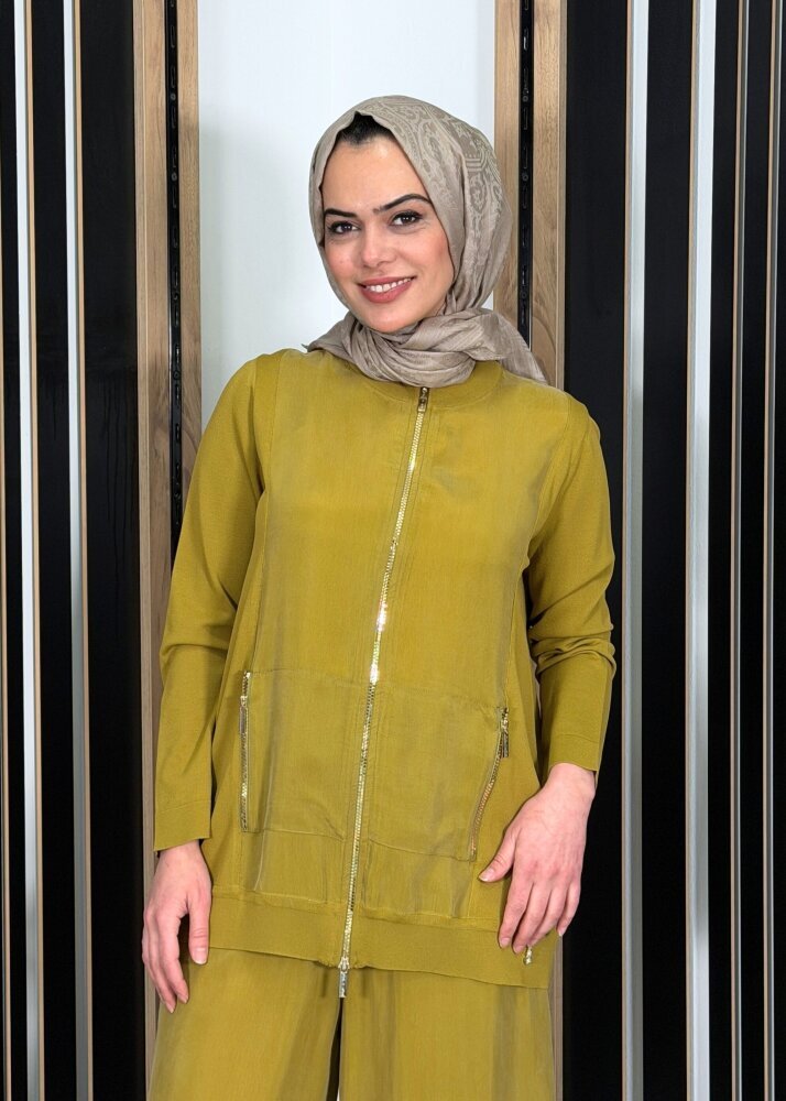 Miss Dalida Fermuarlı Cupro Detaylı Triko Ceket Amber - 3