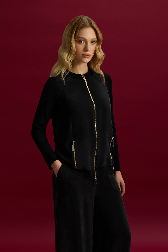 Miss Dalida Fermuarlı Cupro Detaylı Triko Ceket BLACK