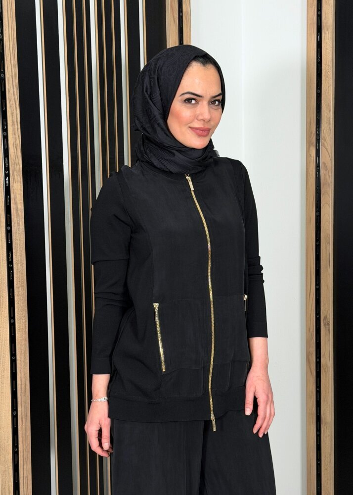 Miss Dalida Fermuarlı Cupro Detaylı Triko Ceket BLACK