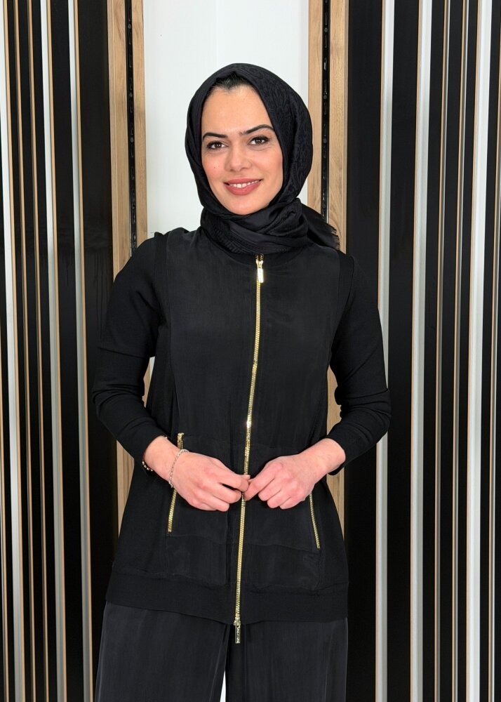 Miss Dalida Fermuarlı Cupro Detaylı Triko Ceket BLACK - 2